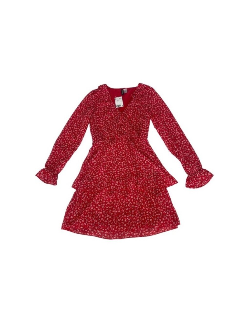 H&M Divided Red Floral Long-Sleeve Tiered Mini Dress XXS NWT - Picture 8 of 13